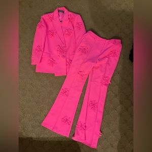 Hot Pink Pantsuit with flowers.